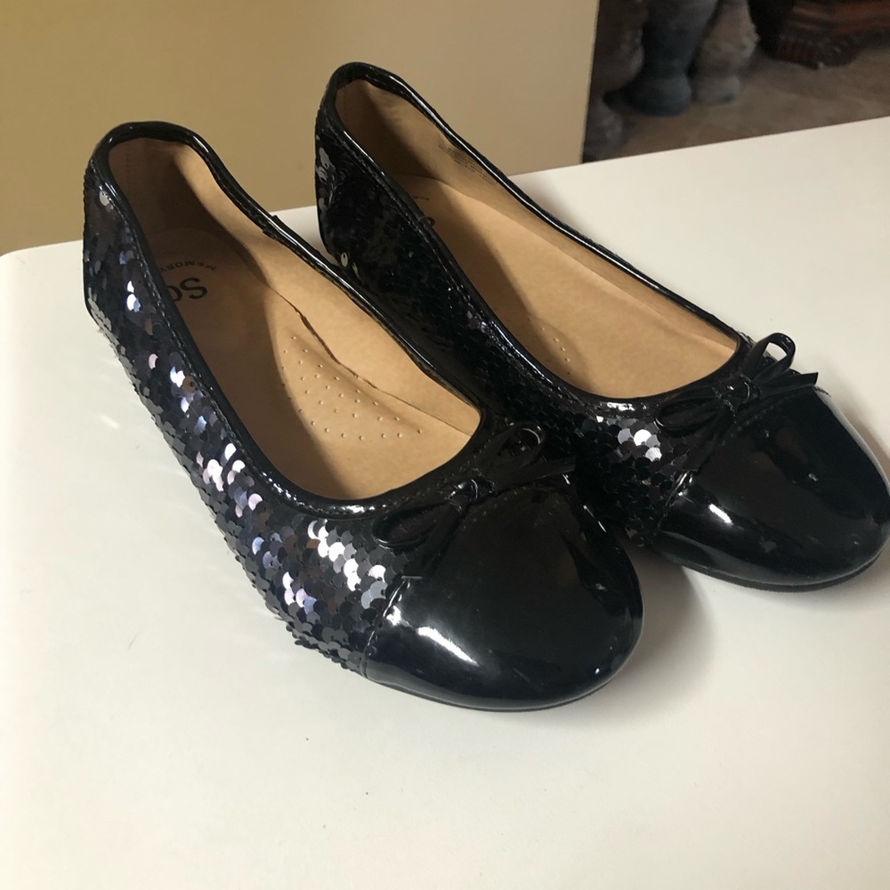Black Sequin‎ Ballet Flats Patent Toe Bow Memory Foam Kids Size 4
